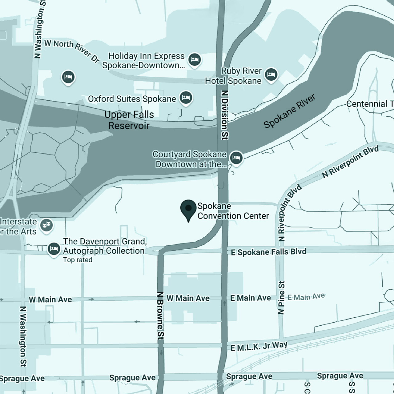map of Spokane, WA showing the location of the Spokane Convention Center